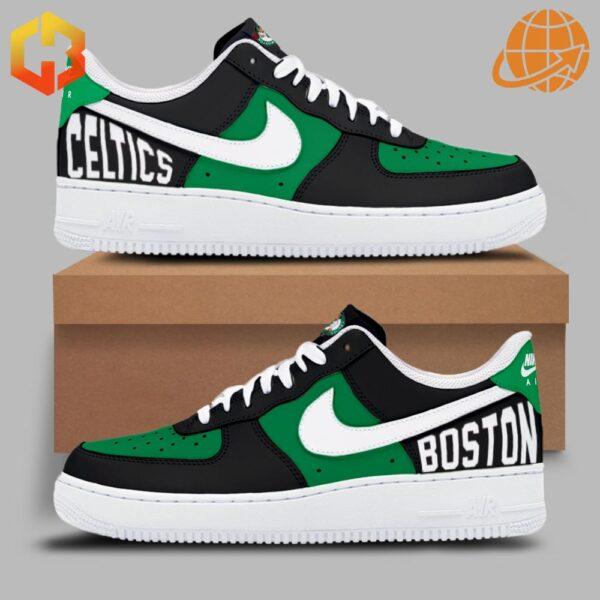 Side view of Boston Celtics Nike Air Force 1 shoes on display box