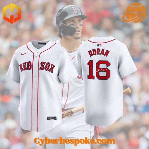 Boston Red Sox baseball jersey featuring Jarren Duran's autograph and team logo.