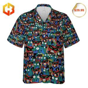 Hawaiian shirt showcasing vibrant graphics of Brak and Moltar with bold island-themed elements