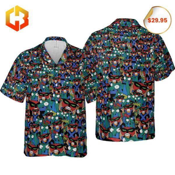 Cartoon-inspired Hawaiian shirt featuring Brak and Moltar in a vibrant, summer-themed design.