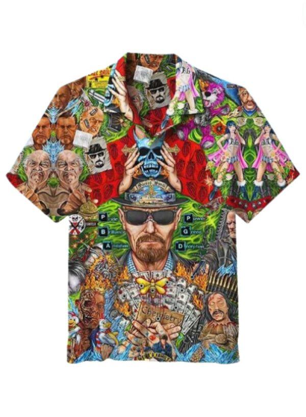 Breaking Bad Hawaiian shirt featuring iconic characters and tropical design