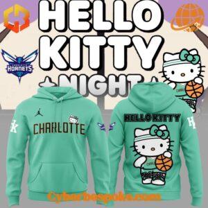 Front and back views of the Charlotte Hornets Hello Kitty Hoodie showcasing a playful design with Hello Kitty in a basketball outfit.