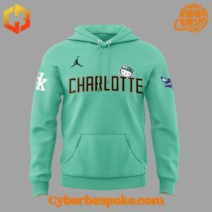 Front view of the Charlotte Hornets Hello Kitty Hoodie featuring the team name and Hello Kitty graphic.