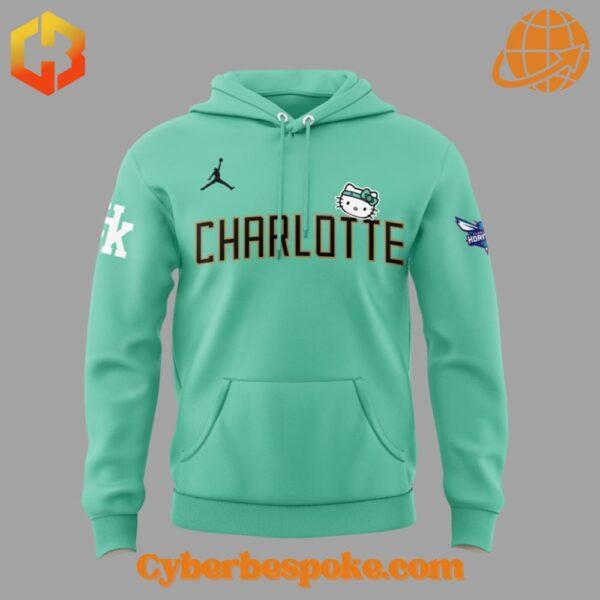 Front view of the Charlotte Hornets Hello Kitty Hoodie featuring the team name and Hello Kitty graphic.