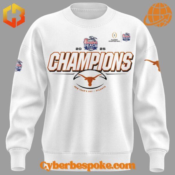 Texas Champions 2025 sweatshirt celebrating the Chick-fil-A Peach Bowl victory