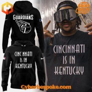 Cleveland Guardians hoodie with 'Cincinnati is in Kentucky' slogan and bold design