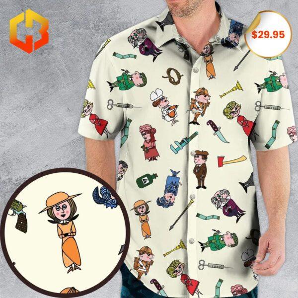 A colorful 2025 Hawaiian shirt featuring characters from the Clue board game, with tropical patterns and classic mystery motifs.