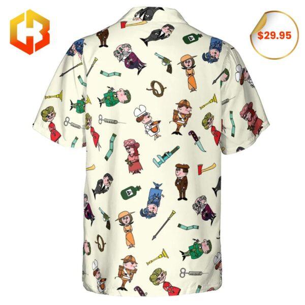 2025 Hawaiian shirt celebrating Clue board game characters, blending iconic detective imagery with bold island-inspired designs.