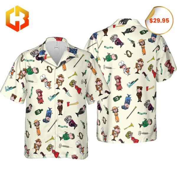 A playful 2025 Hawaiian shirt with Clue board game characters and tropical accents, offering a fun mystery theme for summer.