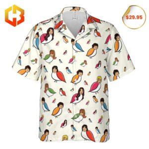 Hawaiian shirt showcasing vibrant retro graphics inspired by The Partridge Family with tropical motifs.