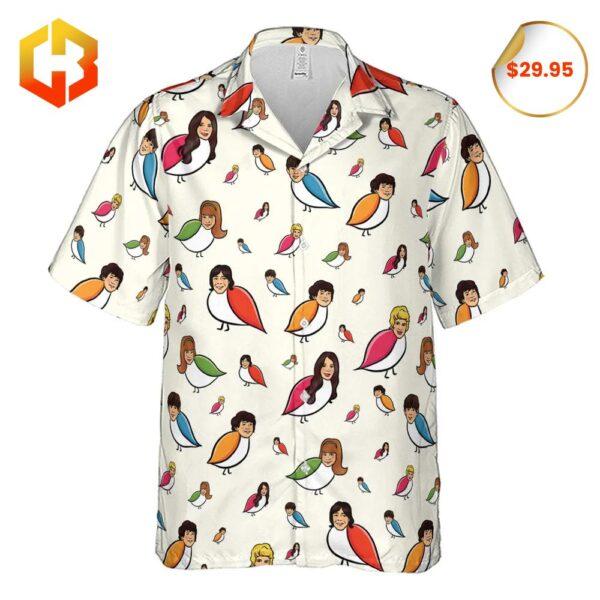 Hawaiian shirt showcasing vibrant retro graphics inspired by The Partridge Family with tropical motifs.