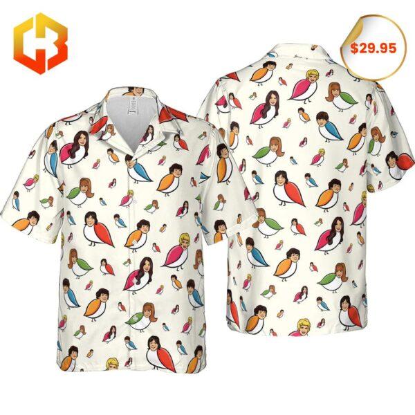 Bright and playful Hawaiian shirt featuring The Partridge Family designs and a retro 'C'mon Get Happy' theme.