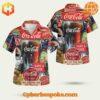 Hawaiian shirt featuring a Coca-Cola Decades of Tradition design with retro logos and vintage graphics.