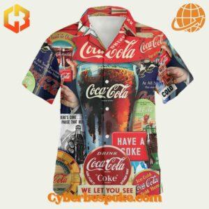 Colorful Coca-Cola-themed Hawaiian shirt celebrating decades of tradition with classic logo prints.