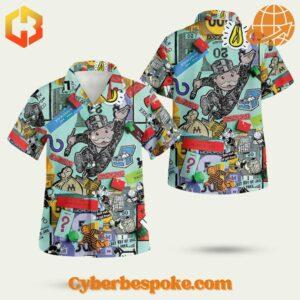 Colorful Monopoly Hawaiian shirt for casual wear featuring vibrant prints of Monopoly icons.