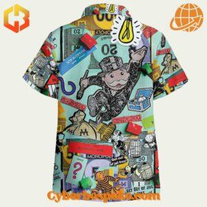 Casual Monopoly-themed Hawaiian shirt with a bold and colorful pattern.