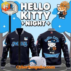 Dallas Mavericks Hello Kitty Night baseball jacket with Hello Kitty in Mavericks gear, set against a starry night background