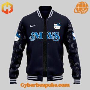 Hello Kitty Night baseball jacket featuring Hello Kitty dressed in Dallas Mavericks apparel, with a celestial theme.