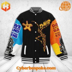 Front view of Dave Matthews Band baseball jacket with colorful design elements