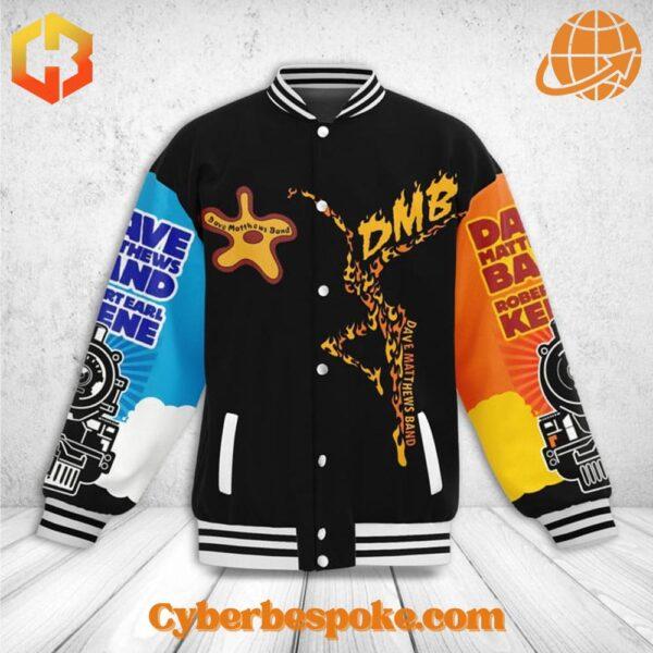 Front view of Dave Matthews Band baseball jacket with colorful design elements