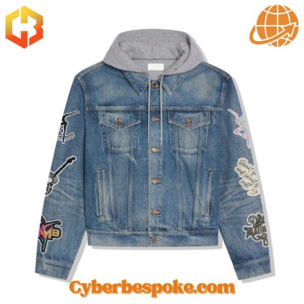 Front view of Dave Matthews Band "Don't Burn The Day Away" hooded denim jacket