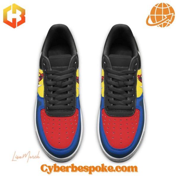 Top-down view of Deadpool Wolverine Nike Air Force Shoes, showcasing the red toe box, blue accents, and black laces.