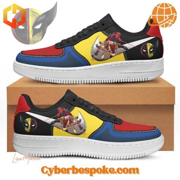 Deadpool Wolverine Nike Air Force Shoes with vibrant red, yellow, and blue design, showcasing detailed graphics of Deadpool and Wolverine.