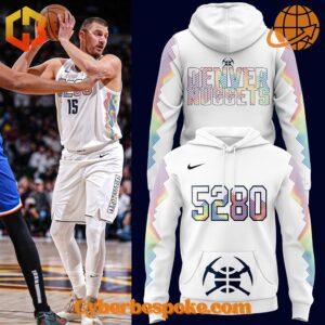 Denver Nuggets player in white jersey next to 5280 NBA hoodie design