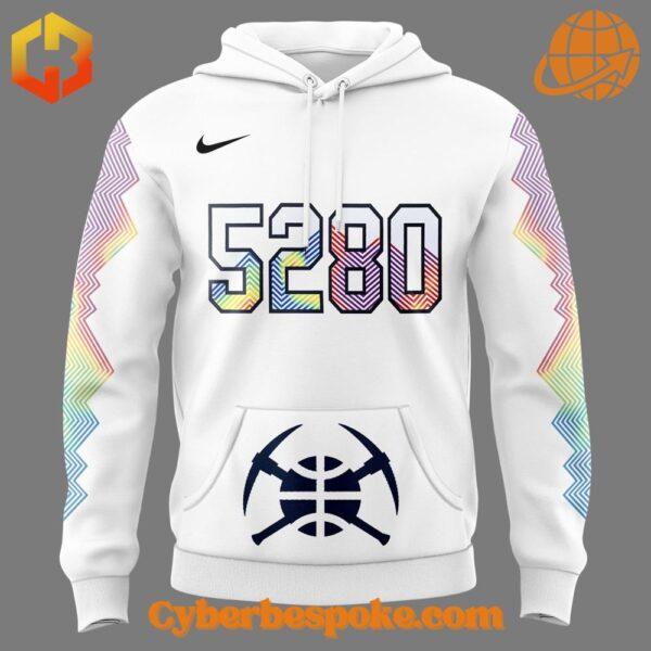 White Nike hoodie with colorful 5280 design for Denver Nuggets