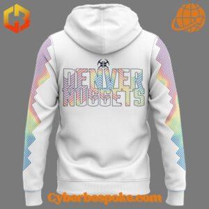 Back view of Denver Nuggets white hoodie with colorful design