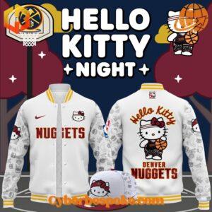 Denver Nuggets Hello Kitty Night baseball jacket featuring Hello Kitty in Nuggets gear with a starry night background.