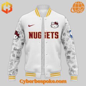 Hello Kitty Night baseball jacket with Denver Nuggets colors, logo, and Hello Kitty dressed in team apparel