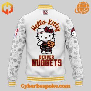 Denver Nuggets-themed baseball jacket with Hello Kitty in team gear under a dreamy night sky design.