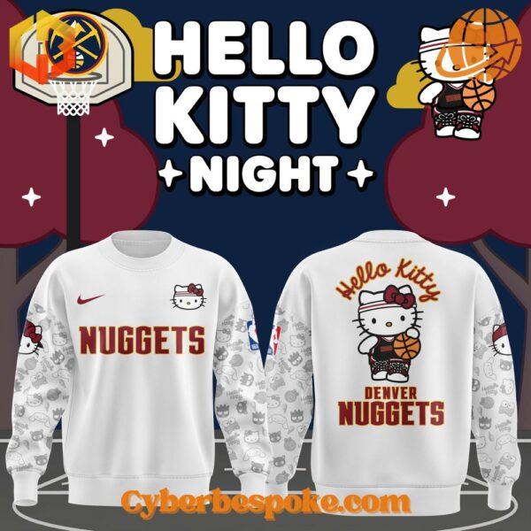 Denver Nuggets Hello Kitty Night promotional image with branded sweatshirts and basketball graphics.