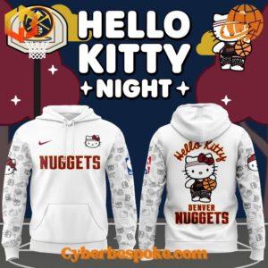 Denver Nuggets x Hello Kitty Night Hoodie front and back view with Hello Kitty graphics and Nuggets logo.