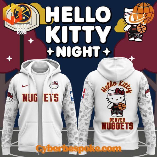 Front view of Denver Nuggets x Hello Kitty Night Hoodie with Hello Kitty head graphic and Nuggets lettering.