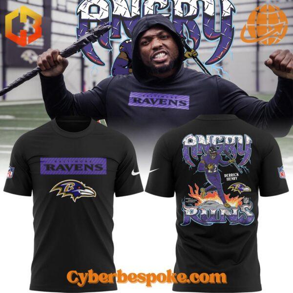 Front and back view of Derrick Henry Baltimore Ravens Angry Runs T-Shirt.