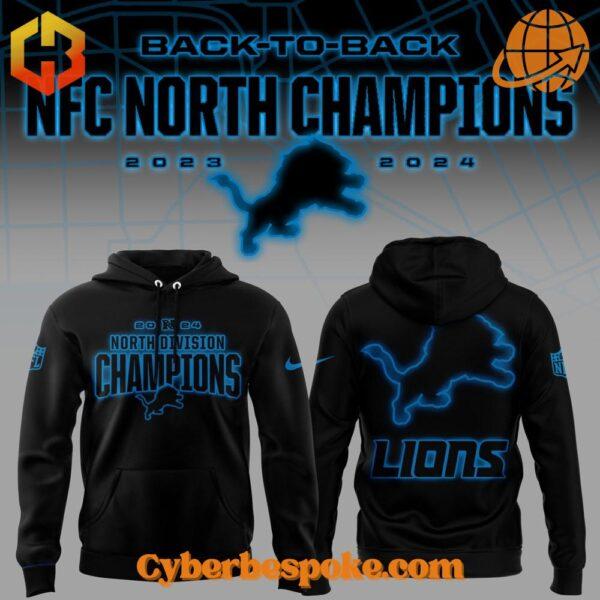 Detroit Lions 2024 NFC North Champions hoodie front and back view