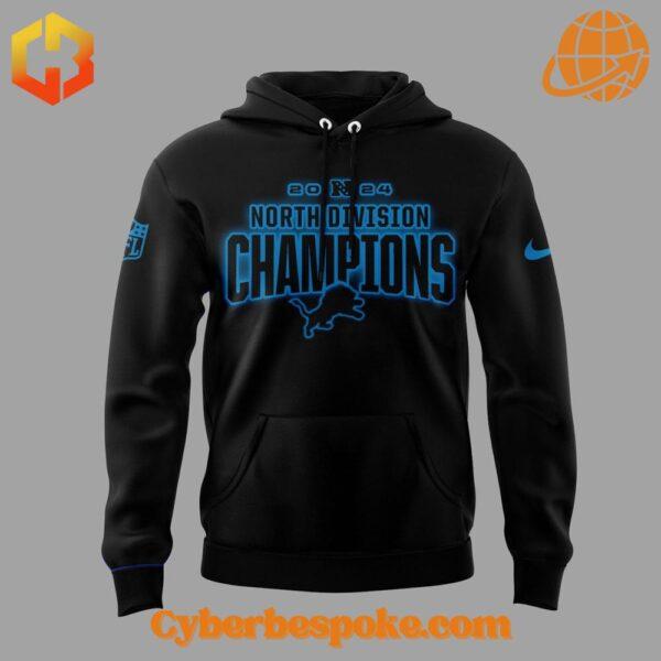 Front view of Detroit Lions 2024 NFC North Division Champions black hoodie