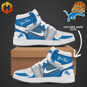 Detroit Lions Air Jordan Shoes side view with customizable name feature.