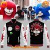 Detroit Lions Knuckles Montgomery baseball jacket featuring Knuckles the Echidna in Lions gear with team logos.