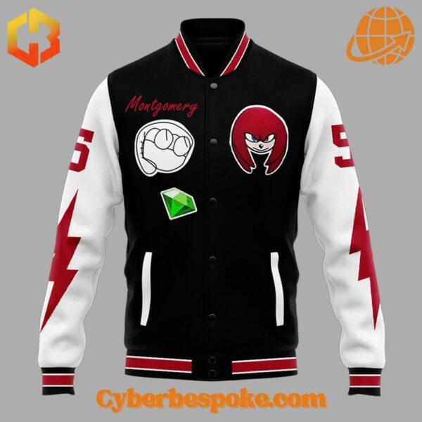 Knuckles Montgomery-themed baseball jacket with Detroit Lions colors and Knuckles in an action-packed design.