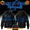 Detroit Lions NFL Back In Black Hoodie with blue graphics of Detroit skyline and Lions logo.