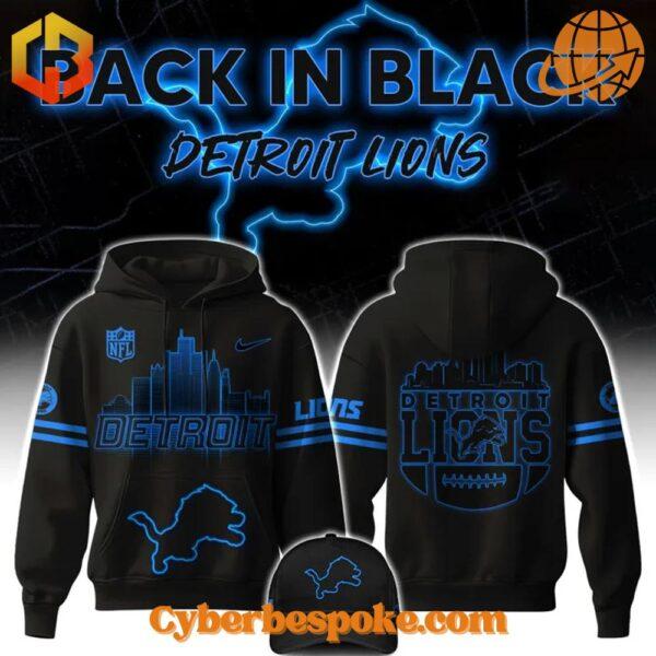 Detroit Lions NFL Back In Black Hoodie with blue graphics of Detroit skyline and Lions logo.