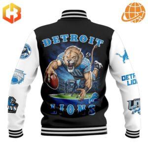 Back view of Detroit Lions NFL Baseball Jacket with lion graphic and team text.