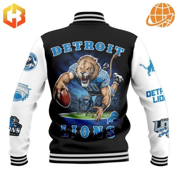 Back view of Detroit Lions NFL Baseball Jacket with lion graphic and team text.