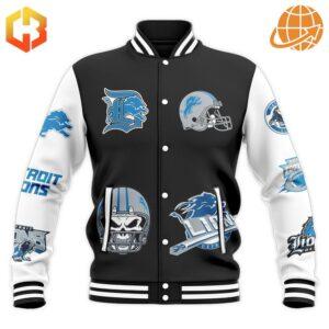 Close-up of button-up front and ribbed collar of Detroit Lions NFL Baseball Jacket.