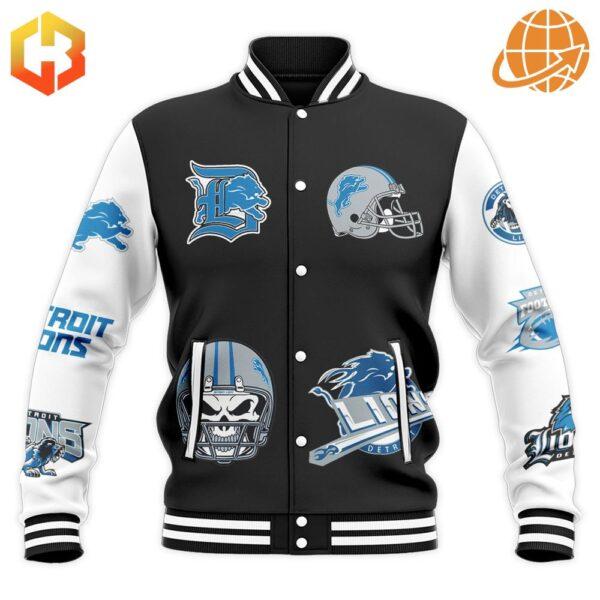 Close-up of button-up front and ribbed collar of Detroit Lions NFL Baseball Jacket.