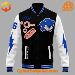 Sonic and Knuckles-themed baseball jacket with Detroit Lions logos and vibrant graphics of the iconic duo.