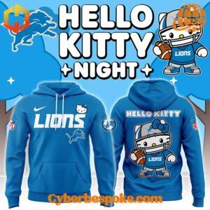 Hoodie featuring a blue hoodie with the Lions logo and a Hello Kitty character in a Lions uniform holding a football.